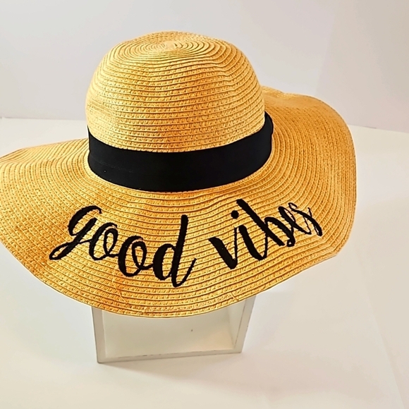 C.C Exclusive Fashionable Sunhat paper straw Good Vibes black embroidery design - Picture 5 of 17